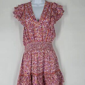 Poupette St Barth NEW Camila Smocked Waist Coverup Mini Dress in Pink Size S